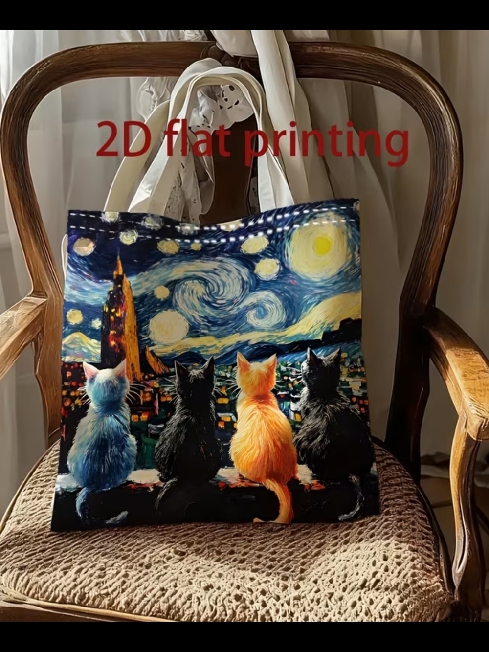 Starry Night Cats Canvas Tote Bag - Multicolor - Picture 2 of 4